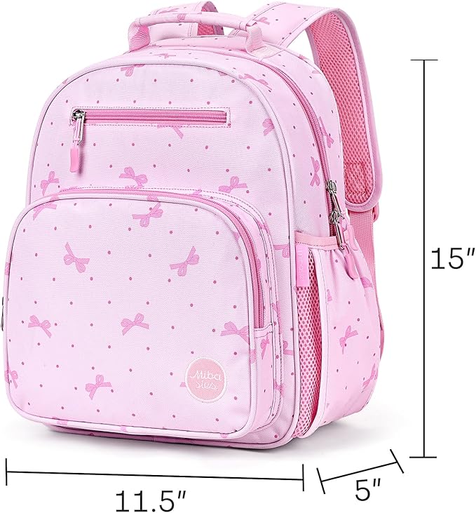 mibasies Girls Backpack 5-8: Lightweight Kids Backpacks for Girls - Girl Bookbag for Elementary School - Polka Dot Bow Pink
