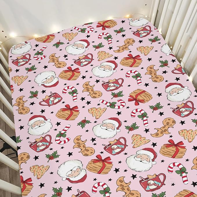 Sweet Christmas Pink Baby Crib Sheets for Boy Girl 52x28 Santa Claus Cherry Fir Candy Soft Snug Fitted Crib Mattress Cover Winter Holiday Festival Baby Sheet for Standard Crib & Toddler Bed Mattress