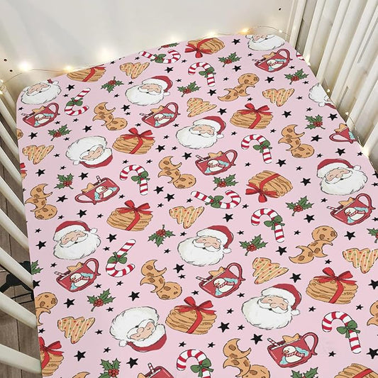 Sweet Christmas Pink Baby Crib Sheets for Boy Girl 52x28 Santa Claus Cherry Fir Candy Soft Snug Fitted Crib Mattress Cover Winter Holiday Festival Baby Sheet for Standard Crib & Toddler Bed Mattress
