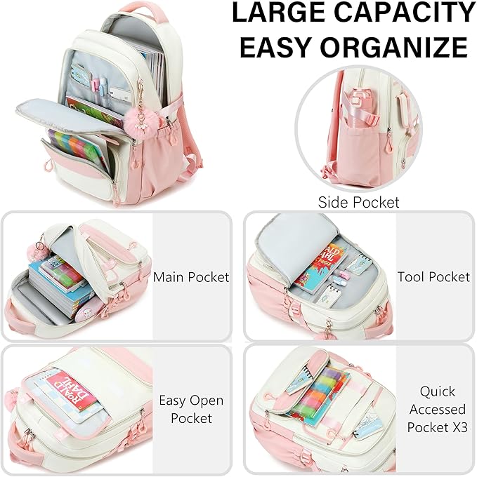 QHRIDS School Backpack for Girls, 3PCS Laptop Backpack 15.6 Inch with Lunch Box Pencil Pouch Set for Kids Teens Elementary Middle High School College Bookbag Student Casual Travel Daypack,Pink Beige