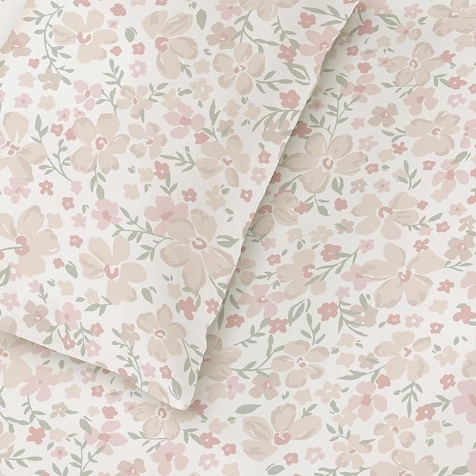 MakeMake Organics Organic Twin Fitted Sheet Set GOTS Certified Organic Cotton Fitted Sheet with 1 Pillowcase Ultra Soft Non Toxic Breathable Hypoallergenic (40"X76", Blossom)
