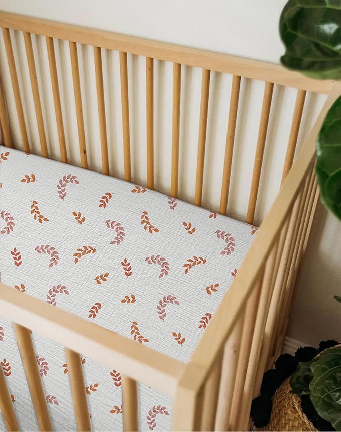Crib Sheets for Boys Girl, Fitted Baby Toddler Bed Sheets 28" x 52", Neutral Muslin Cotton Crib Mattress Bedding Soft and Breathable Comfort (Leaf)