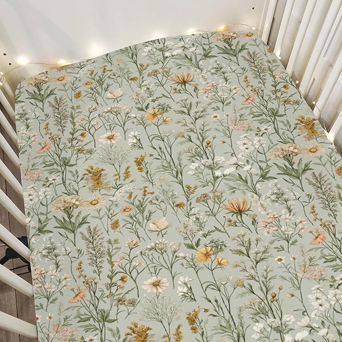 Vintage Wild Flowers Baby Crib Sheets for Boy Girl 52"x28" Retro Plant Soft Stretchy Fitted Crib Mattress Cover Spring Summer Baby Sheet for Standard Crib & Toddler Mattress Pad