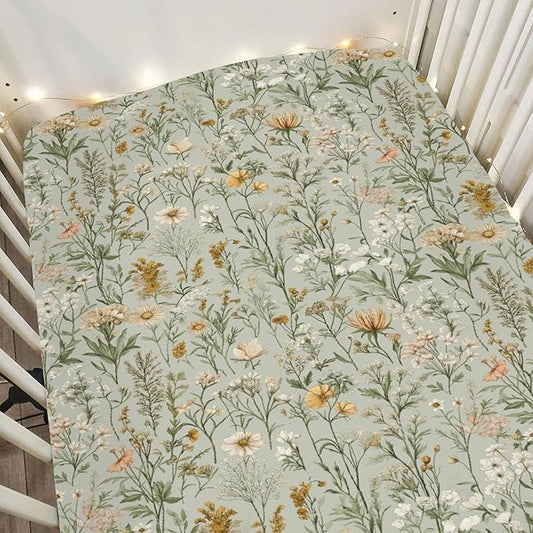 Vintage Wild Flowers Baby Crib Sheets for Boy Girl 52"x28" Retro Plant Soft Stretchy Fitted Crib Mattress Cover Spring Summer Baby Sheet for Standard Crib & Toddler Mattress Pad