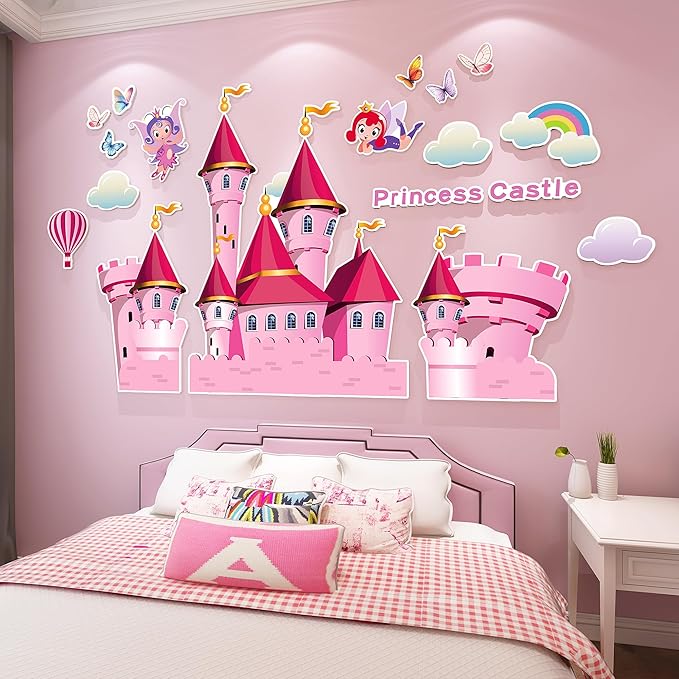 3D Castle Wall Stickers for Girls Room Decor Wall Decals Peel and Stick for Girls Bedroom Large Pink Decor for Nursery Toddler Inspirational Princess Art Pictures Kids Murals Wallpaper