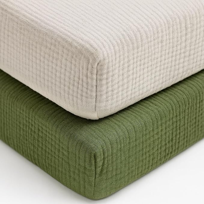 Muslin Mini Crib Sheets for Girls & Boys-2 Pack 24"x 38" Soft Baby Mattress Sheets Fitted-No Slip Neutral Toddler Cotton Bedding-Boho Nursery Décor Olive Green & Beige