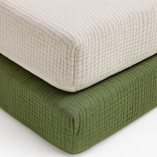 Muslin Mini Crib Sheets for Girls & Boys-2 Pack 24"x 38" Soft Baby Mattress Sheets Fitted-No Slip Neutral Toddler Cotton Bedding-Boho Nursery Décor Olive Green & Beige