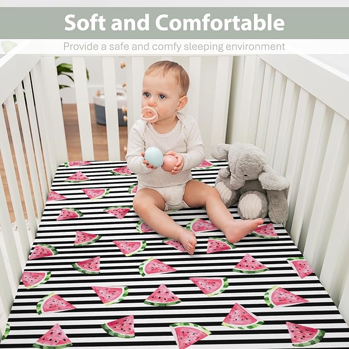 Watermelon Black and White Stripes Baby Crib Sheets for Boy Girl 52"x28" Tropical Summer Fruits Soft Stretchy Fitted Crib Mattress Cover Beach Vacation Baby Sheet for Crib and Toddler Bed Mattresses