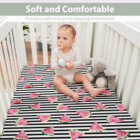 Watermelon Black and White Stripes Baby Crib Sheets for Boy Girl 52"x28" Tropical Summer Fruits Soft Stretchy Fitted Crib Mattress Cover Beach Vacation Baby Sheet for Crib and Toddler Bed Mattresses