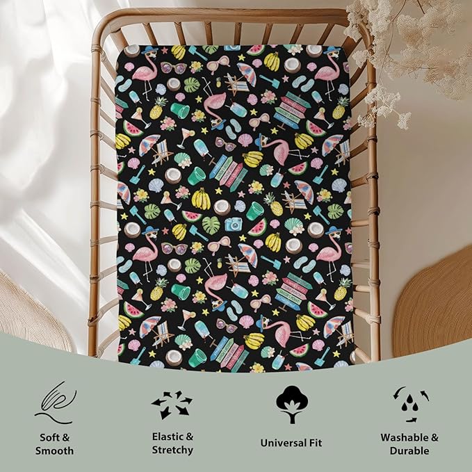 Surf Beach Summer Baby Crib Sheets for Boy Girl 28"x52" Flamingo Tropical Leaves Floral Fruits Soft Stretchy Fitted Crib Mattress Cover Beach Party Vacation Baby Sheet for Crib & Toddler Bed Mattress