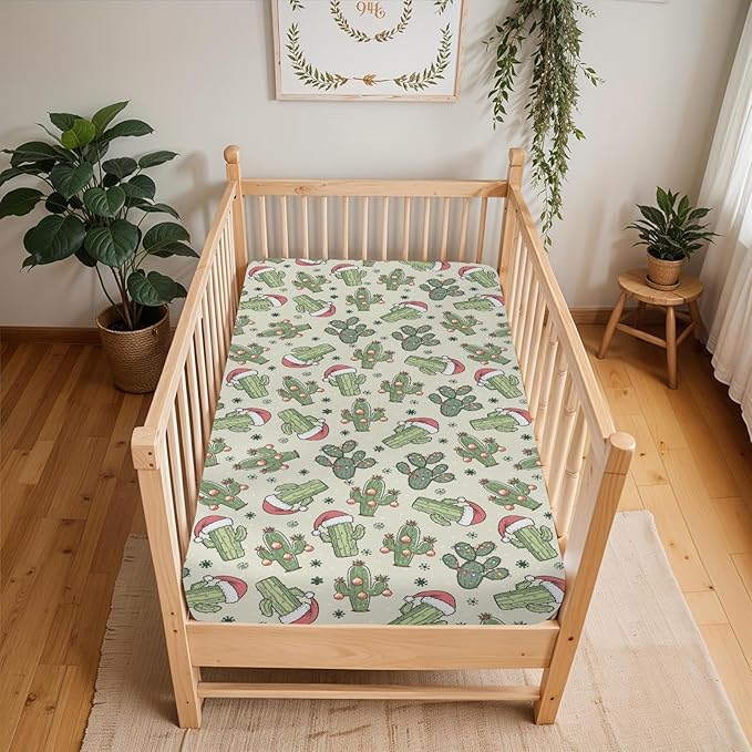 Christmas Cactus Santa Hat Baby Crib Sheets for Boy Girl 52x28Inch Green Cactus Balls Snowflakes Soft Snug Fitted Crib Mattress Cover West Desert Plant Baby Sheet for Standard Crib & Toddler Mattress