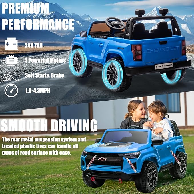 POSTACK Official License Chevrolet Ride on Car, 24V Battery Powered Kids Ride On Toy Car, 4 Wheeler Ride on UTV with Remote Control, LED Bright Lights and Music Play, Gifts for Boys and Girls, Blue