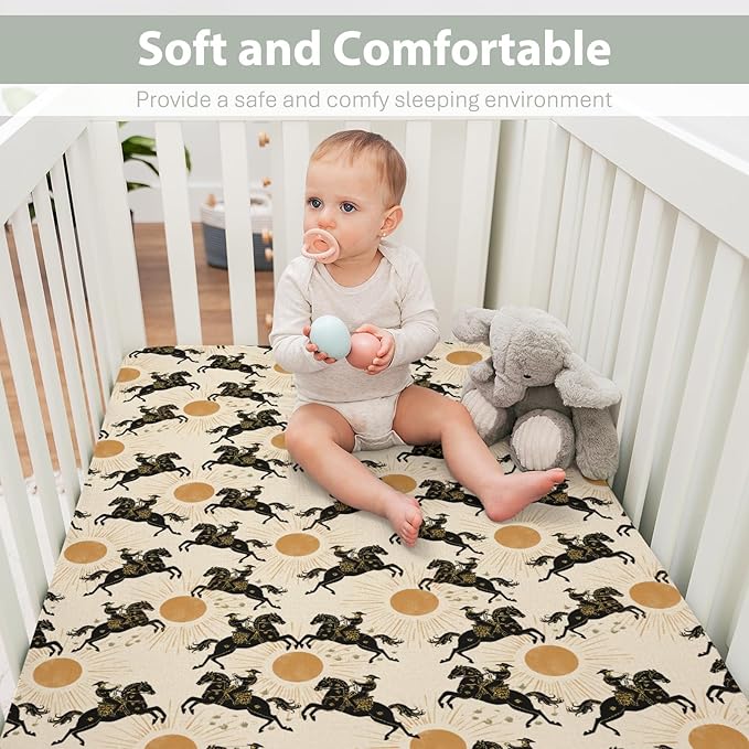 Western Cowboys Sunshine Baby Crib Sheets for Boy Girl 52x28Inch Cowboy Horse Sun Soft Stretchy Fitted Crib Mattress Cover Wild West Desert Nursery Baby Sheet for Standard Crib & Toddler Bed Mattress