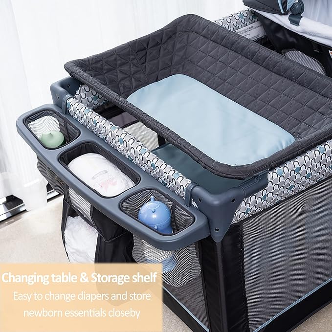 5 in 1 Multifunctional Pack and Play,Qutanix Foldable Baby Crib with Bassinets,Changing Table,Newborn Napper with Canopy,Diaper Stacker,Baby Playpen for Babies and Toddlers