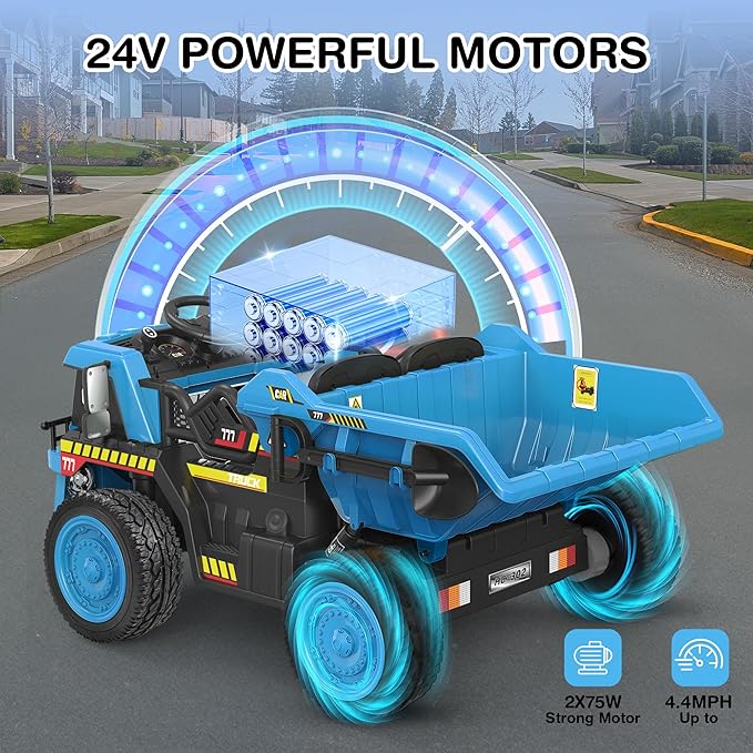 ANPABO 24V Ride On Dump Truck, 2X75W Powerful Motors, Up to 4.4Mph, EVA Tires, Construction Vehicle w/Electric Dump Bed and Extra Shovel, 19" Spacious 2 Seater, Kids Car w/Parent Remote -Blue