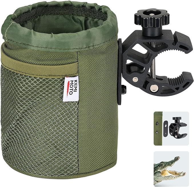 KEMIMOTO Motorcycle Cup Holder, Oxford Fabric Motorcycle Drink Holder with 0.6"-1.5" Alligator Clamp, Universal Water Bottle Cup Accessories for Bike, ATV/UTV, Scooter, Boat, Walker, Army Green