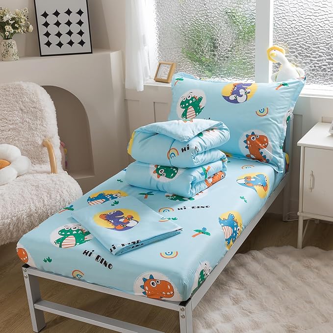 Caressma 5 Pieces Comforter Set Bed-in-a-Bag Twin Size, Soft Brushed Microfiber Kids Comforter with Lovely Blue Dinosaurs Pattern, Includes Comforter, Fitted Sheet, Flat Sheet & Pillowcase & Sham