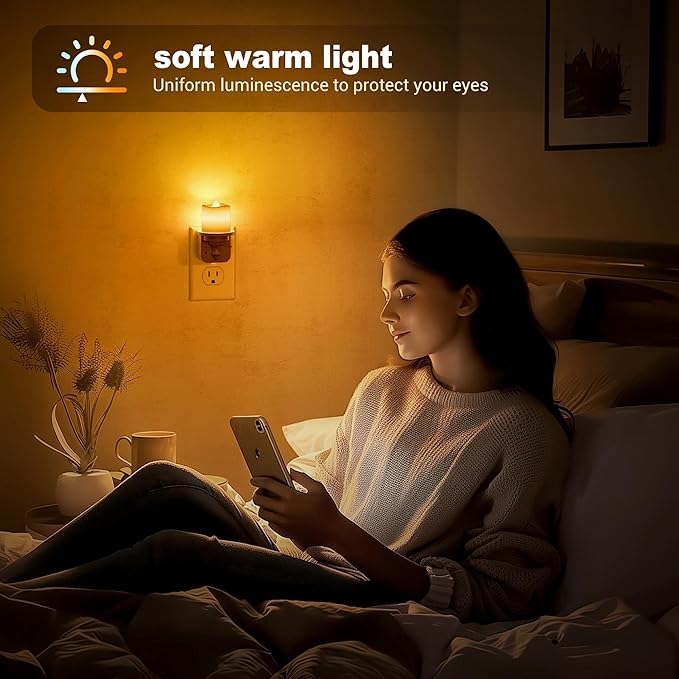 JandCase Flameless Candle Night Light, 2 Pack Night Lights Plug into Wall, 2000K Amber, 0-100LM Dimmable Nightlight, Dusk to Dawn Sensor Light for Dinning Room, Living Room, Bathroom, Hallway