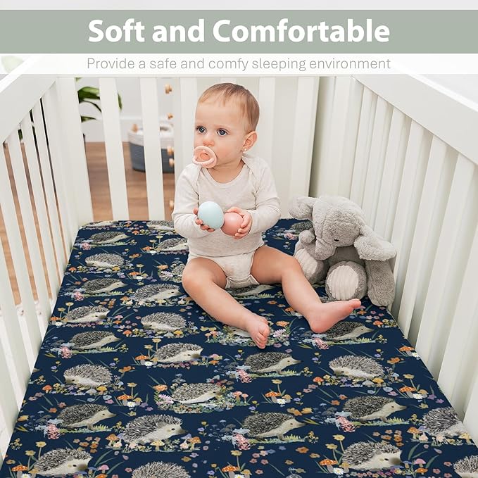 Happy Hedgehogs Mushroom Floral Baby Crib Sheets for Boy Girl 28"x52" Cartoon Hedgehog Soft Snug Fitted Crib Mattress Cover Summer Animal Baby Sheet for Standard Crib & Toddler Bed Mattress