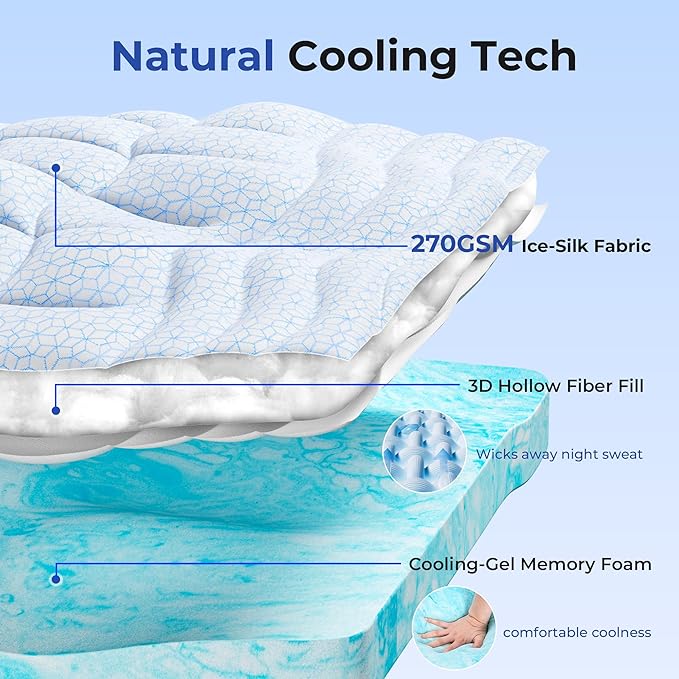 Dual Layer 4 Inch Cooling Memory Foam Mattress Topper King Size, 2 Inch Thick Soft Quilted Ice Silk Pillow Top Cover Plus 2 Inch Gel Memory Foam Mattress Pad for Back Pain Relief