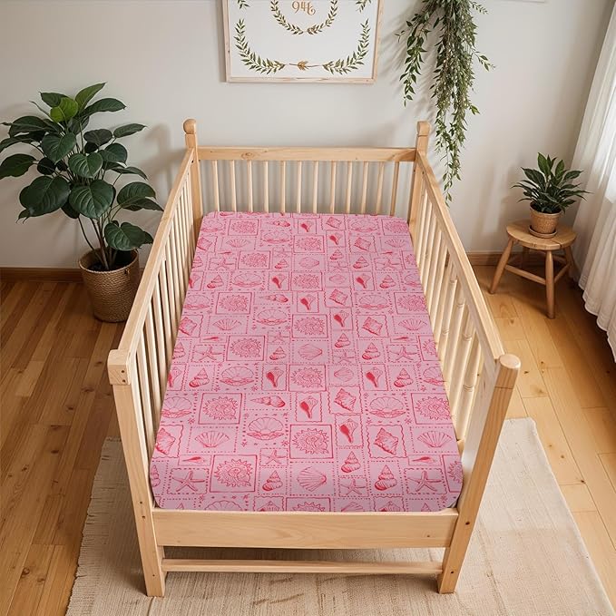Pink Seashells Baby Crib Sheets for Boy Girl 52"x28" Boho Beach Conch Soft Stretchy Fitted Crib Mattress Covers Pastel Summer Coastal Nursery Baby Sheet for Standard Crib & Toddler Mattress Pad