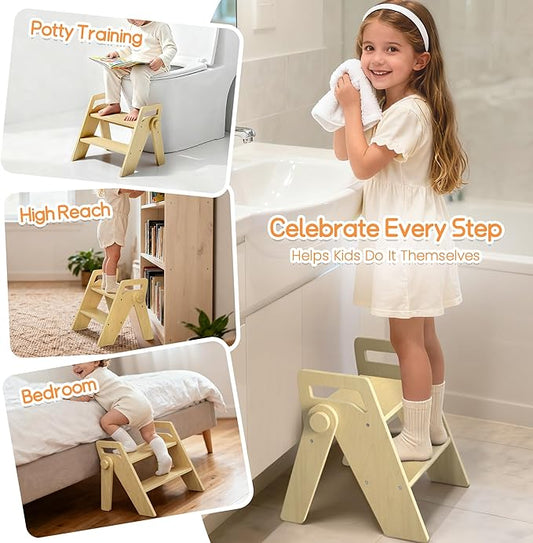 HOMEKOL Toddler Kids Step Stool: Wooden 2 Step Stool for Bathroom Sink, Foldable, Natural Wood Color