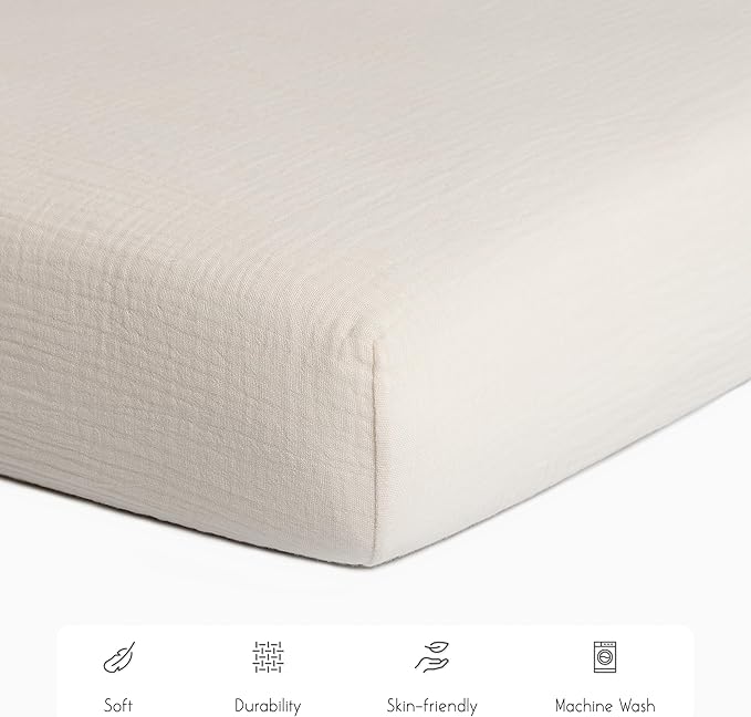 Meracorallo Muslin Crib Sheet, 100% Cotton Fitted Crib Sheet 28x52 Soft and Breathable Baby Boys Girls Cover for Standard Crib and Toddler Mattresses, Cream