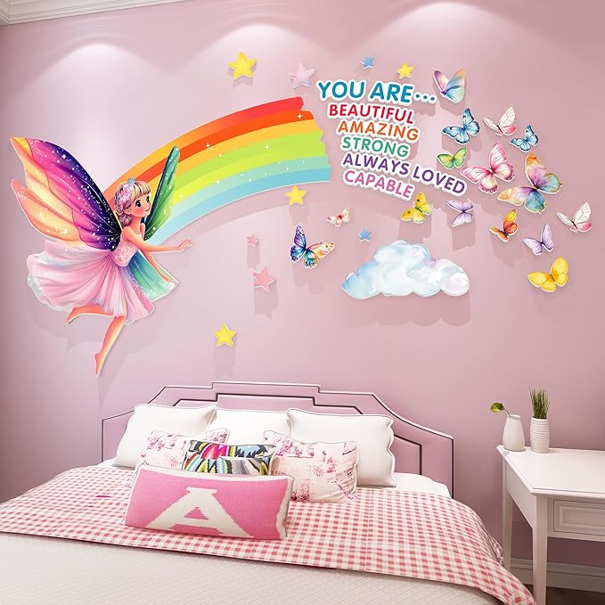 3D Fairy Wall Stickers for Girls Room Decor Wall Decals Peel and Stick for Girls Bedroom Large Pink Decor for Nursery Toddler Inspirational Princess Art Pictures Kids Murals Wallpaper