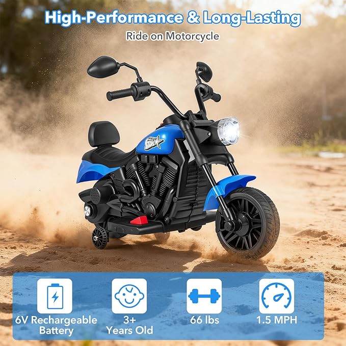 HONEY JOY Toddler Motorcycle, 6V Battery Powered Electric Motorcycle for Kids, Detachable Training Wheels, Music, Foot Pedal, Headlights, Forward/Backward, 3-Wheel Ride On Toy for Boys Girls (Blue)