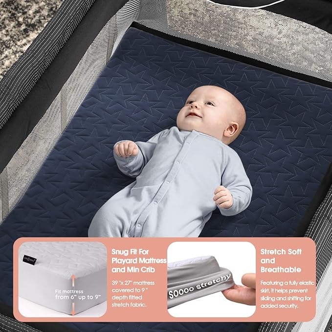 Waterproof Mini Crib Mattress Protector: 2-Pack Pack N Play Sheets - Fitted for Standard Baby Mattresses (38" x 26") - Soft and Breathable Covers for Graco Pack and Play, Playards, and Mini Cribs