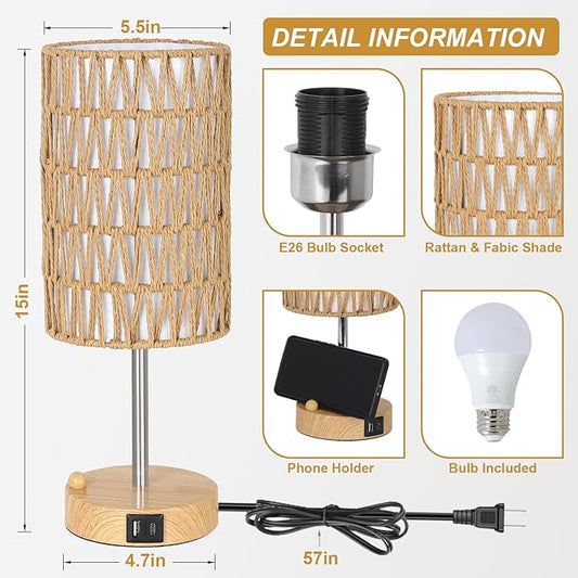 Eayaya Boho Table Lamp for Bedroom with Bulb, Small Touch Control Table Lamp for Living Room with Rattan & Linen Shade, 3 Way Dimmable Bedside Lamp for Nightstand with USB Charging Port & Phone Stand