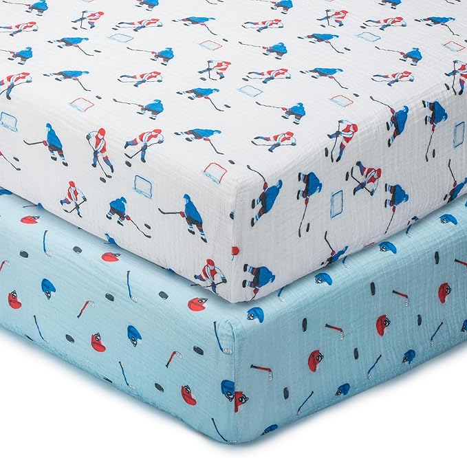 LollyBanks Muslin Crib Sheets 2 Pack, 100% Cotton Soft and Breathable Crib Fitted Sheet for Standard 52"x28" Mattress, Cozy and Snug Baby Bed Sheets, Baby Boy Essentials (Ice Hockey and Hat Print)