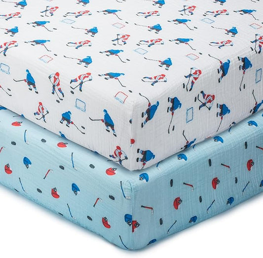 LollyBanks Muslin Crib Sheets 2 Pack, 100% Cotton Soft and Breathable Crib Fitted Sheet for Standard 52"x28" Mattress, Cozy and Snug Baby Bed Sheets, Baby Boy Essentials (Ice Hockey and Hat Print)
