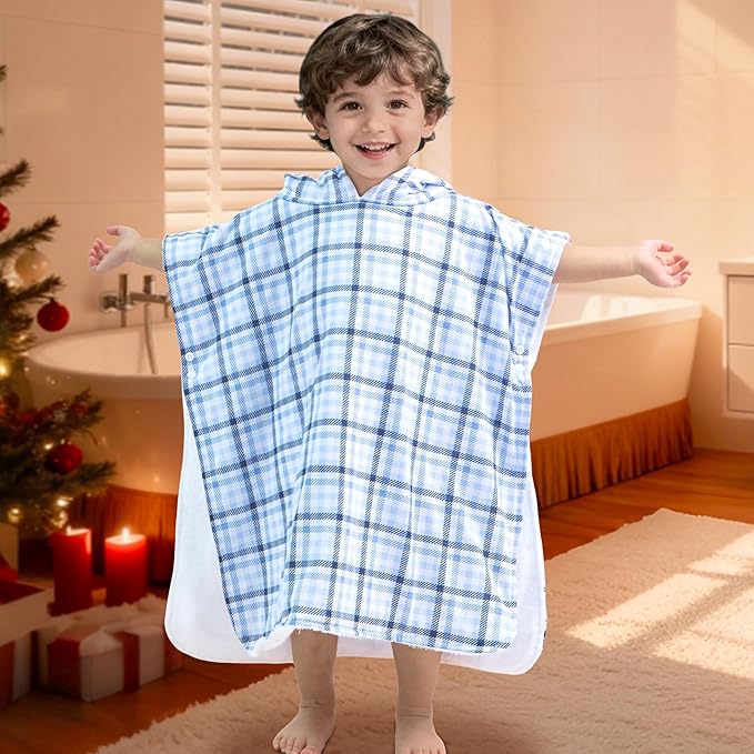 VOOVA & MOVAS Double-Layered Baby Hooded Towel Poncho (2-4 Years, 20x21 Inches) | Ultra Soft & Absorbent Cotton | Thick Toddler Bath Towel for Swimming, Beach, Shower & Winter, Blue Check