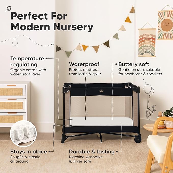 2 Pack and Play Sheets, Waterproof Mini Crib Sheets Fitted - 38x26 Organic Cotton Pack N Play Sheets for Graco Pack and Play Mattress, Playard Baby Crib Sheets,Neutral for Boy,Girl,Toddler(Soft White)