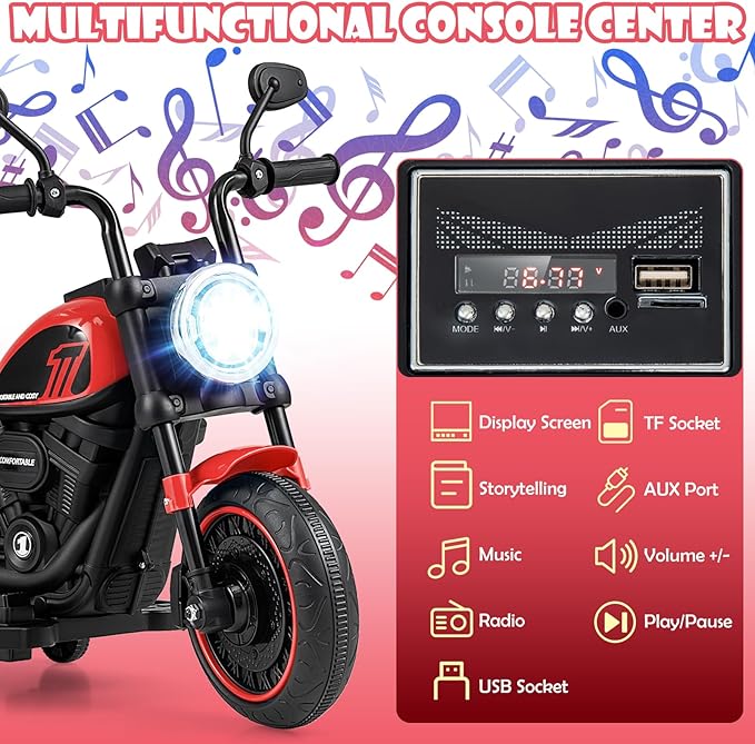 HONEY JOY Ride On Motorcycle, 6V Toddler Motorcycle with LED Light, Music, Foot Pedal, Forward/Backward, Soft Start, 3-Wheel Battery Powered Electric Motorcycle for Kids, Gift for Boys Girls (Red)