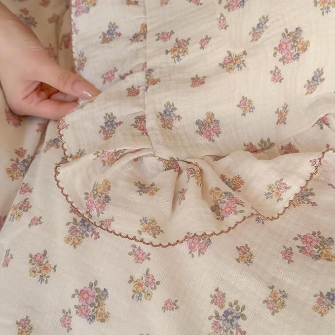 BuLuTu Cottage Floral Duvet Cover King, Ruffles Princess Comforter Cover 90"x104", Muslin Quilt Covers with Zipper, No Pillow Case, Soft Lightweight Gauze Bedding, Machine Washable