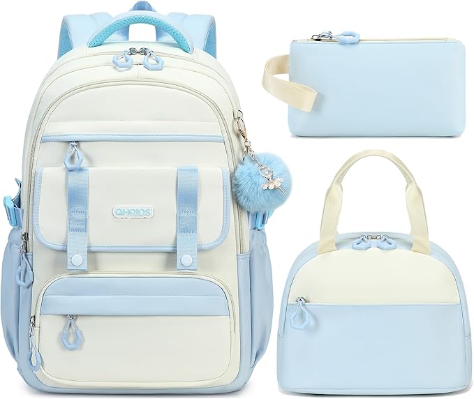 QHRIDS School Backpack for Girls, 3PCS Laptop Backpack 15.6 Inch with Lunch Box Pencil Pouch Set for Kids Teens Elementary Middle High School College Bookbag Student Casual Travel Daypack,Blue Beige