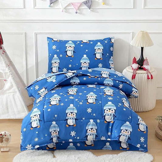 JSD Christmas Toddler Bedding Set, 4 Piece Blue Penguin Snowflakes Bed-in-Bag Comforter Sheet Set, Machine Washable