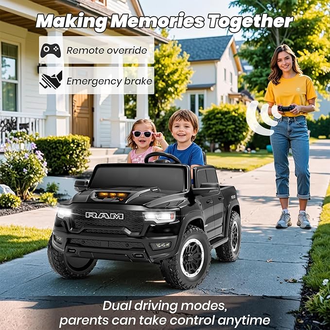 Licensed RAM 1500 RHO 2 Seater Electric Car, 24V Ride on Car for Big Kids with Remote Control, Toddler Ride on Toy w/4 Wheels Suspension, LED Lights, Bluetooth, Soft Start Function (Black)