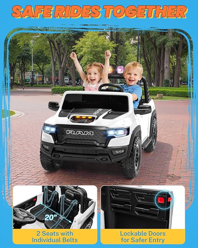ENYOPRO 24V 2 Seater Ride on Car for Kids, Licensed RAM 1500 RHO Ride on Truck w/Remote Control, Toddlers Electric Car w/LED Lights, Bluetooth, Soft Start, 4-Wheel Suspension, Rear Cargo Bed (White)