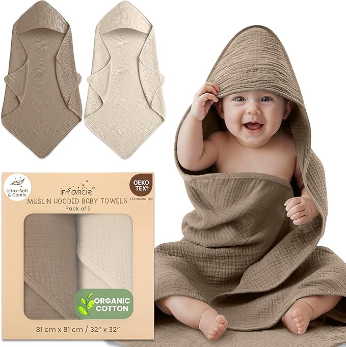 Organic Cotton Muslin Baby Hooded Towels - 32x32 Inch, 2 Pack Newborn Bath Towels for Boys & Girls, Soft & Absorbent Bath Set (Olive/Ivory)