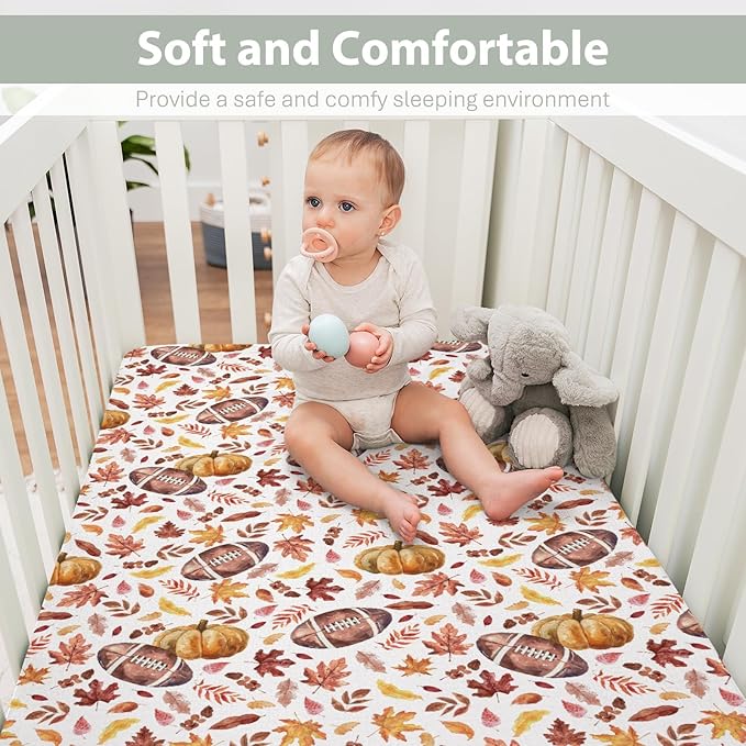 Autumn Football Pumpkin Leaves Baby Crib Sheets for Boy Girl 52"x28" Fall American Football Maple Soft Snug Fitted Crib Mattress Cover Thanksgiving Sports Baby Sheet for Crib & Toddler Bed Mattress