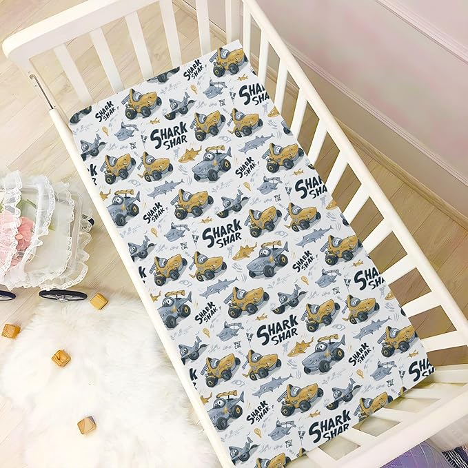 White Shark Race Cars Crib Sheets Standard Crib Toddler Mattresses Cover Fitted Baby Bed Sheet Breathable Crib Mattress Sheet for Girls Boys 39''x27''x9''