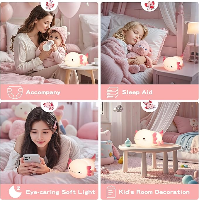 FAMIDUO Axolotl Lamp,Cute Axolotl Night Light,Dimmable Silicone Animal Nursery Night Light,Adorable Rechargeable Squishy Novelty Bedside Touch Lamp,Baby Room Decor, Axolotl Gifts for Kids/Girls