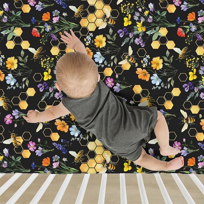 Boho Wildflower Bees Honeycomb Baby Crib Sheets for Boy Girl 52x28Inch Watercolor Honeybee Floral Soft Snug Fitted Crib Mattress Cover Summer Baby Sheet for Standard Crib and Toddler Bed Mattress