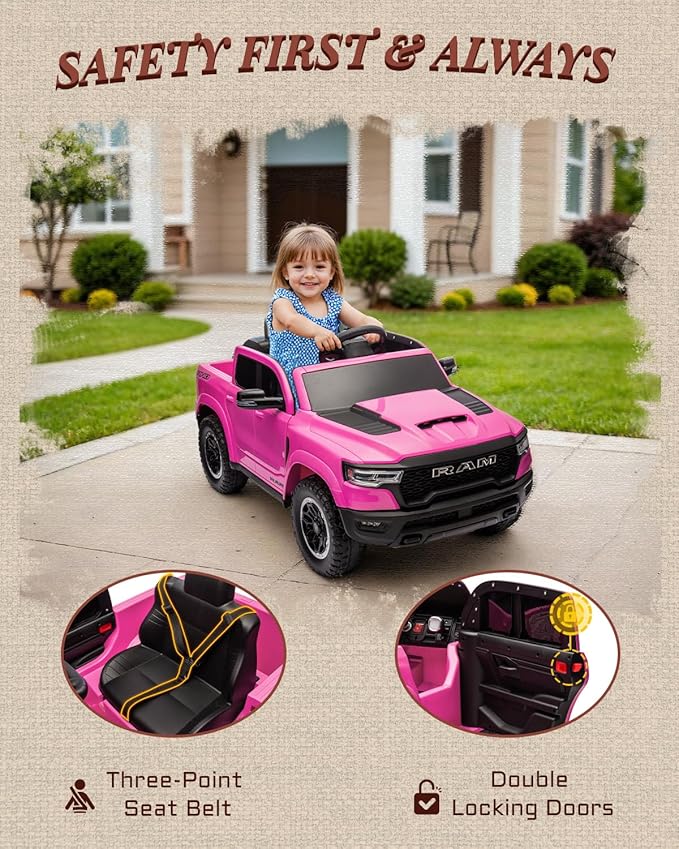 First Ride On Licensed Ram 1500 12V Ride on Toys, Kids Ride on Car with Remote Control, Electric Vehicle for Toddler with Smooth Start, Pickup Truck Bed Storage, Spring Suspension, Aux Port (Pink)