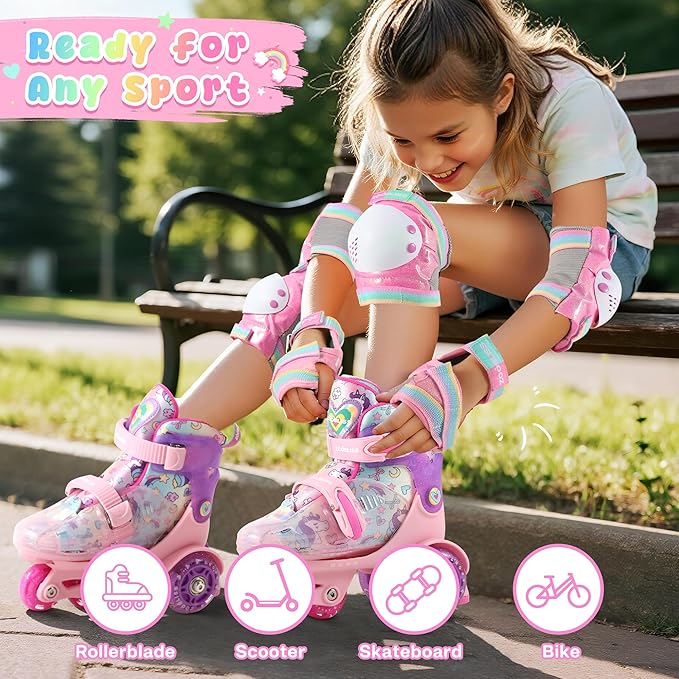 Knee Pads for Kids - ZOOBLISS Toddler Knee and Elbow Pads Set Wrist Guards for Skating Girls Aged 3-12, Kids Protective Gear for Roller Skates Skateboard Bike Scooter, Included Drawstring Bag(Rainbow)