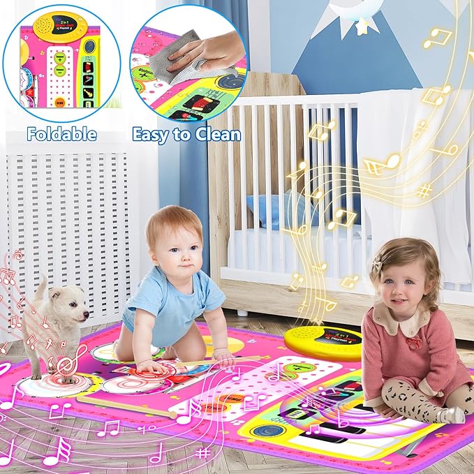 2-in-1 Musical Mat Toys for 1 2 3 4 5 Year Old, Piano Keyboard & Drum Set with 2 Drum Sticks, Early Educational Musical Learning Toys Birthday for 1 2 3 4 5 Year Old Girls & Boys, Pink