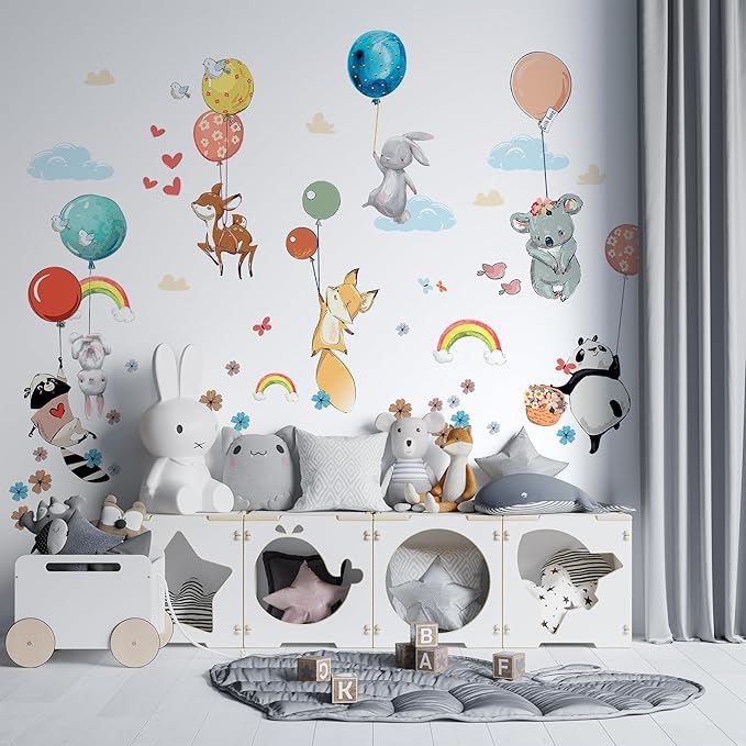 Hot Air Balloon Wall Decals by Lipastick - Peel and Stick Animal Stickers Raccoon, Fox, Koala, Panda for Kids Room, Nursery, Playroom, Bedroom - Removable Wall Decor for Boys, Girls, Babies - L Size